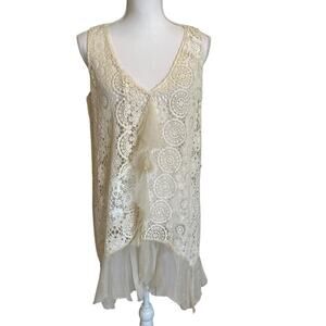 Johnny Was 4 Love & Liberty Tank Top Size Small Cream Crochet Ruffles Sheer Boho